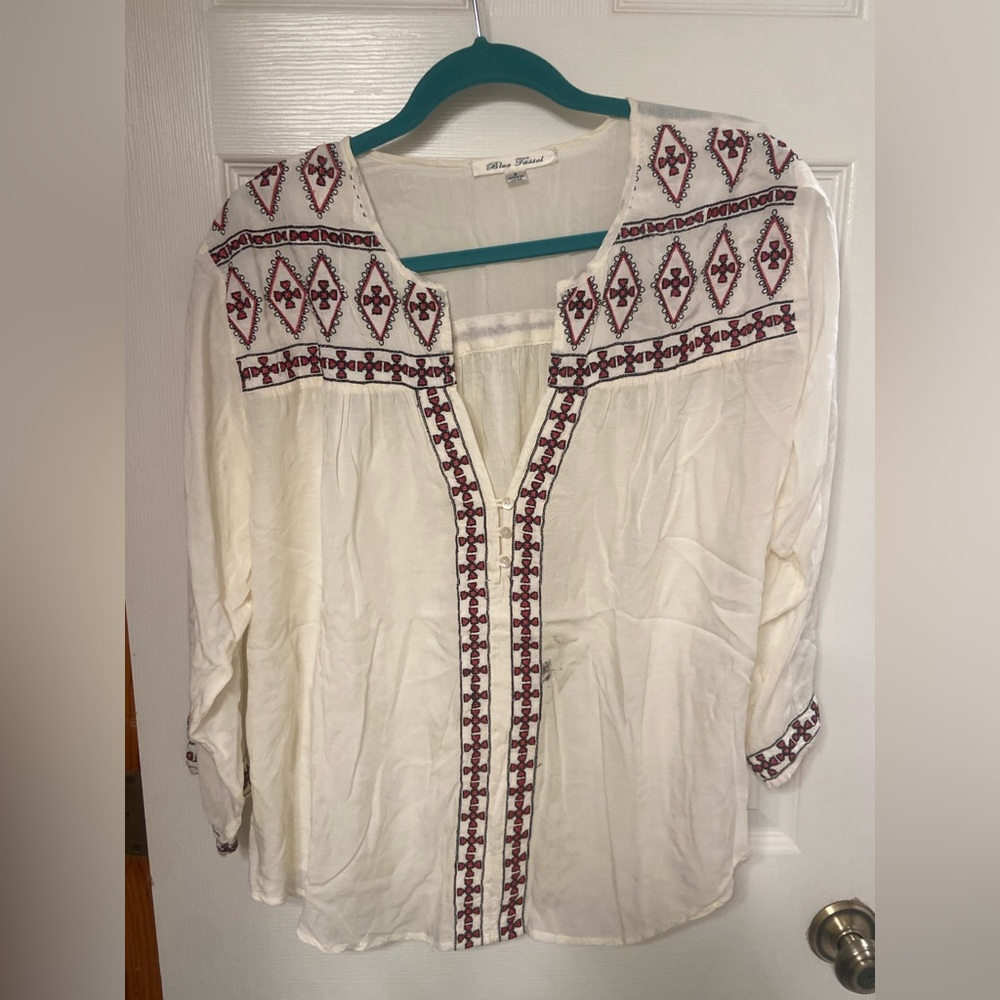 Blue Tassel Embroidered Boho Peasant Top NWOT
